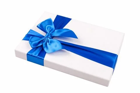 White gift Box with light blue ribbon Isolated on white background Stock Photos