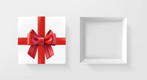 White gift box opened and closed with red satin ribbon and bow. 3D style ve.. Stock Illustration