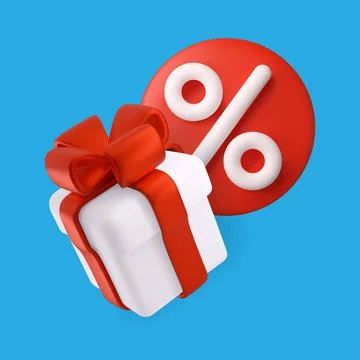 White gift box with a red bow and a percent sign 3d Stock Illustration