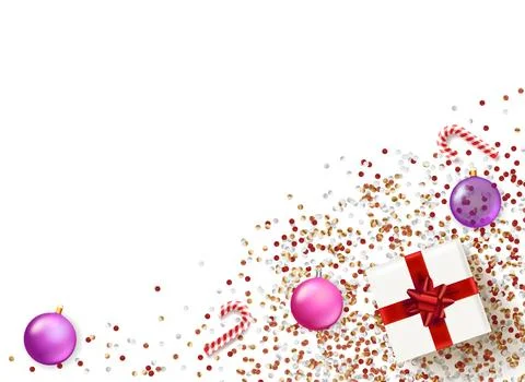 White gift box with red bow and color glass baubles with confetti. 3d vecto.. Stock Illustration