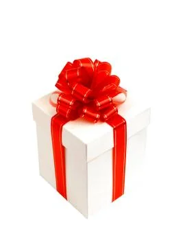 White gift box with red bow isolated on white Stock Photos