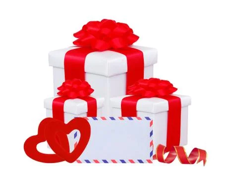 White gift box with red bow, two hearts and greeting card isolated on white Stockfoto's