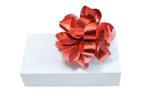 White gift box with red bow isolated Stock Photos
