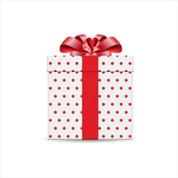 White gift box with red polka dots and red ribbon bow. 3d style, design for.. Illustrazione stock