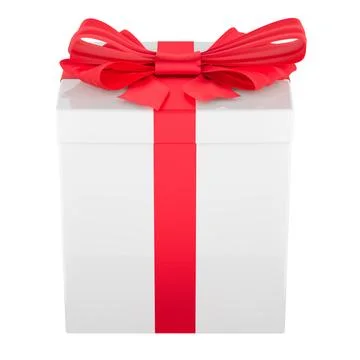 White Gift Box with Red ribbon and bow. Side view, 3D rendering Stock Illustration