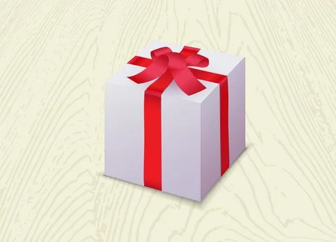 White gift box with red ribbon bow, isolated on wooden floor Ilustración de archivo