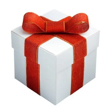 White gift box with red ribbon on white background. Stock Photos