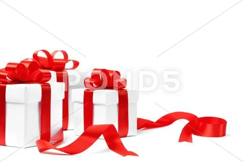 White gift box with red ribbon bow Stock Photos