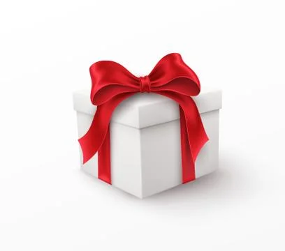 White gift box with red silk bow isolated on a white background. Vector Illustrazione stock
