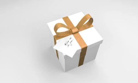 White gift box set with gold ribbon and white message card board 库存插图