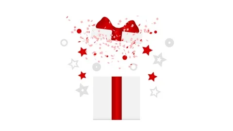White gift box surprise open animation with red ribbon and explosion effect. Vídeos de archivo 319409128