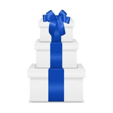 White Gift Box Tower With Blue Ribbon. Stacked White Gift Boxes, Luxury Present Illustrazione stock