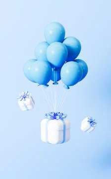 White gift boxes with blue bow and balloons on blue background. 3d rendering. Stock Illustration