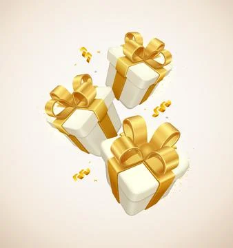 White gift boxes decorative festive object with golden bows and gold sequins  Stock Illustration