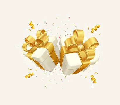 White gift boxes decorative festive object with golden bows and gold sequins  Stock Illustration