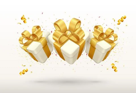 White gift boxes decorative festive object with golden bows and gold sequins  Stock Illustration