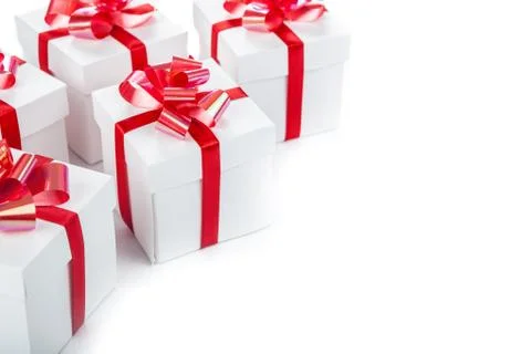 White gift boxes on gray Foto stock