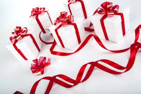 White gift boxes on gray Stock Photos
