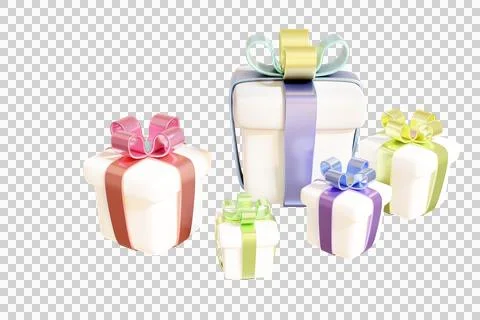 White gift boxes with multi-colored ribbon bows Illustrazione stock