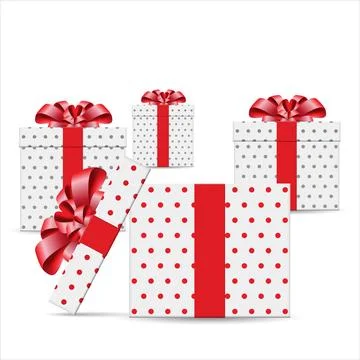 White gift boxes with polka dots and red ribbon bow. 3d style, design for g.. Stock Illustration