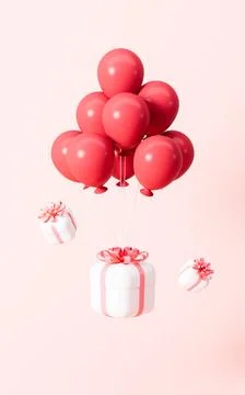White gift boxes with red bow and balloons on pink background. 3d rendering. Illustrazione stock