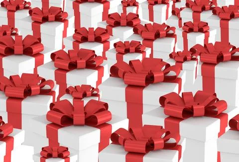 White Gift Boxes with Red Bows 3D Illustration Stock Photos