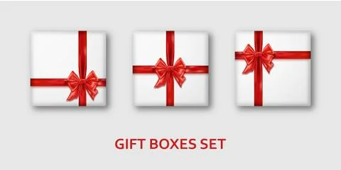 White gift boxes with red ibbons and bows. Realistic presents isolated on white Stock Illustration
