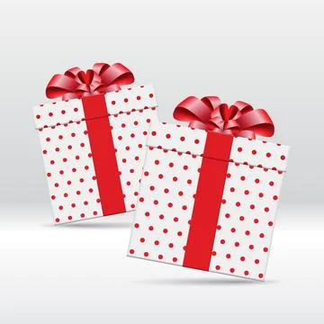White gift boxes with red polka dots and red ribbon bow. 3d style, design f.. Stock Illustration