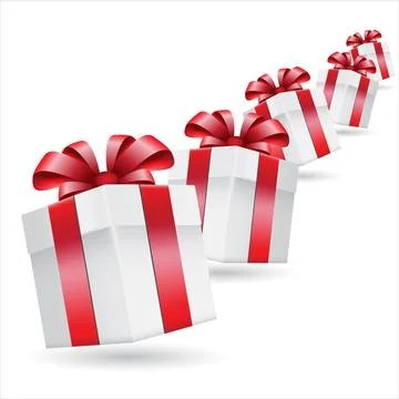White Gift boxes red ribbon, birthday package. Vector illustration. Delight.. Stock-Illustration