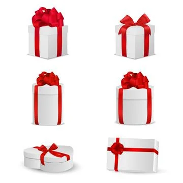 White Gift Boxes with Red Ribbon Bow Round and Heart Luxury Present Set. Vector Stock Illustration