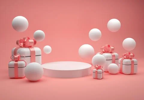 White gift boxes with rose pink bow on pink background with white balloons, 3D Stock Illustration