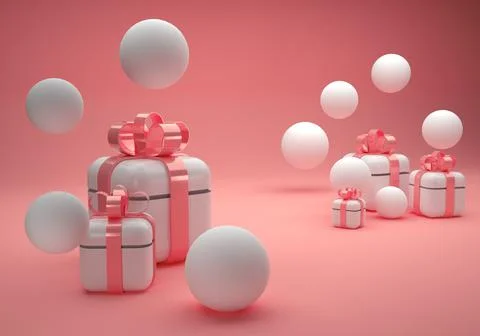 White gift boxes with rose pink bow on pink background with white balloons, 3D Stock Illustration
