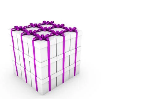 White gift boxes with violet ribbon bow Stock Illustration
