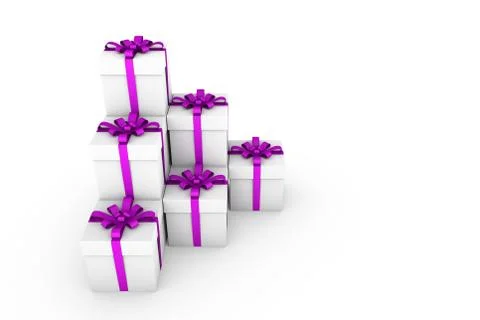 White gift boxes with violet ribbon bow Stock Illustration