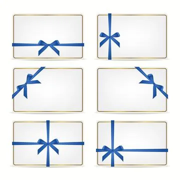 White Gift Cards Set with Blue Ribbon Bows, Isolated. Elegant Rectangular Stock Illustration