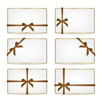 White Gift Cards Set with Brown Ribbon Bows, Isolated. Elegant Rectangular Stock Illustration