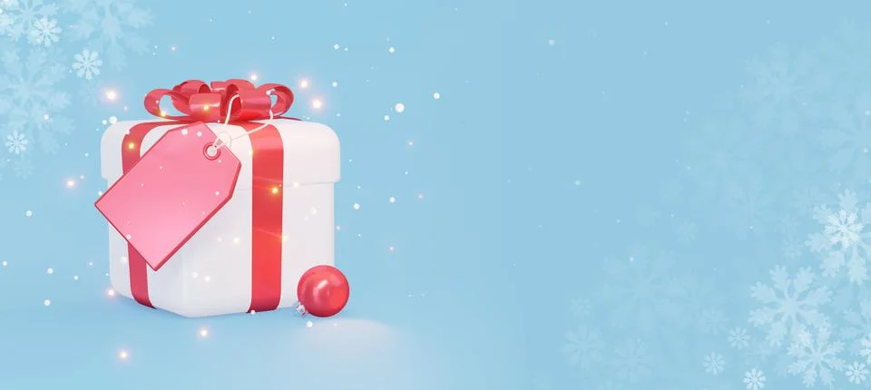 A white gift with a red bow with a blank tag. A New Year's holiday card with Stock Illustration