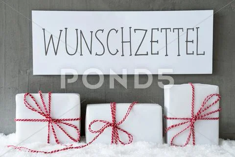 White Gift On Snow, Wunschzettel Means Wish List Stock Photos