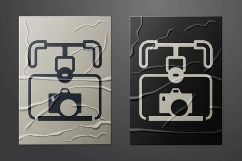 White Gimbal stabilizer with DSLR camera icon isolated on crumpled paper back Stock Illustration
