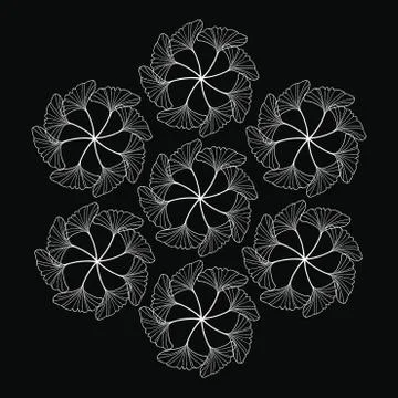 White gingko leaf circle sketch doodle pattern on black Stock Illustration