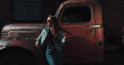 White Girl and her Vintage Pick Up Truck Stock Footage