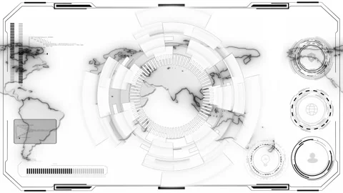 White global HUD map interface with world outlines, circular data dials Stock Footage 333860107
