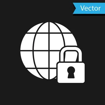 White Global lockdown - locked globe icon isolated on black background. Vector Illustrazione stock