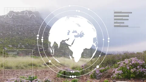 White globe appearing rotating with rings HUD charts building pulsing fading Stock Footage 333859607