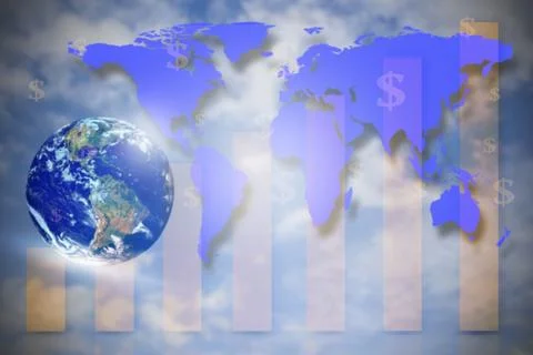 White globe with blue world map with financial graph. Stock Photos