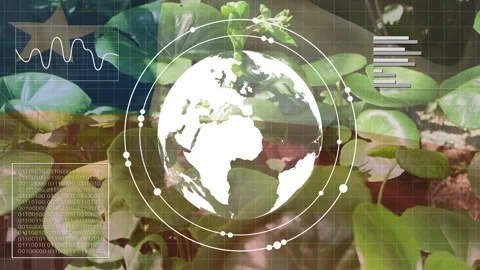 White globe fading in, rotating with orbiting nodes while charts forming, Stock Footage 334788886