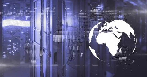 White globe hovering in data center with racks, cables, LEDs, glass panel, do Stock Illustration