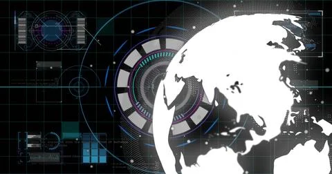 White globe rotating right while receiving technology data feed, HUD rings Stock Photos