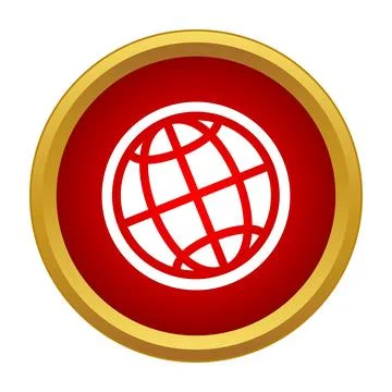 White globe symbol on a red round button with a gold frame Stockillustratie