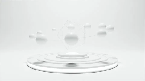 White glossy spheres revolve around a platonic. Monochrome animation Stock Footage 147378443